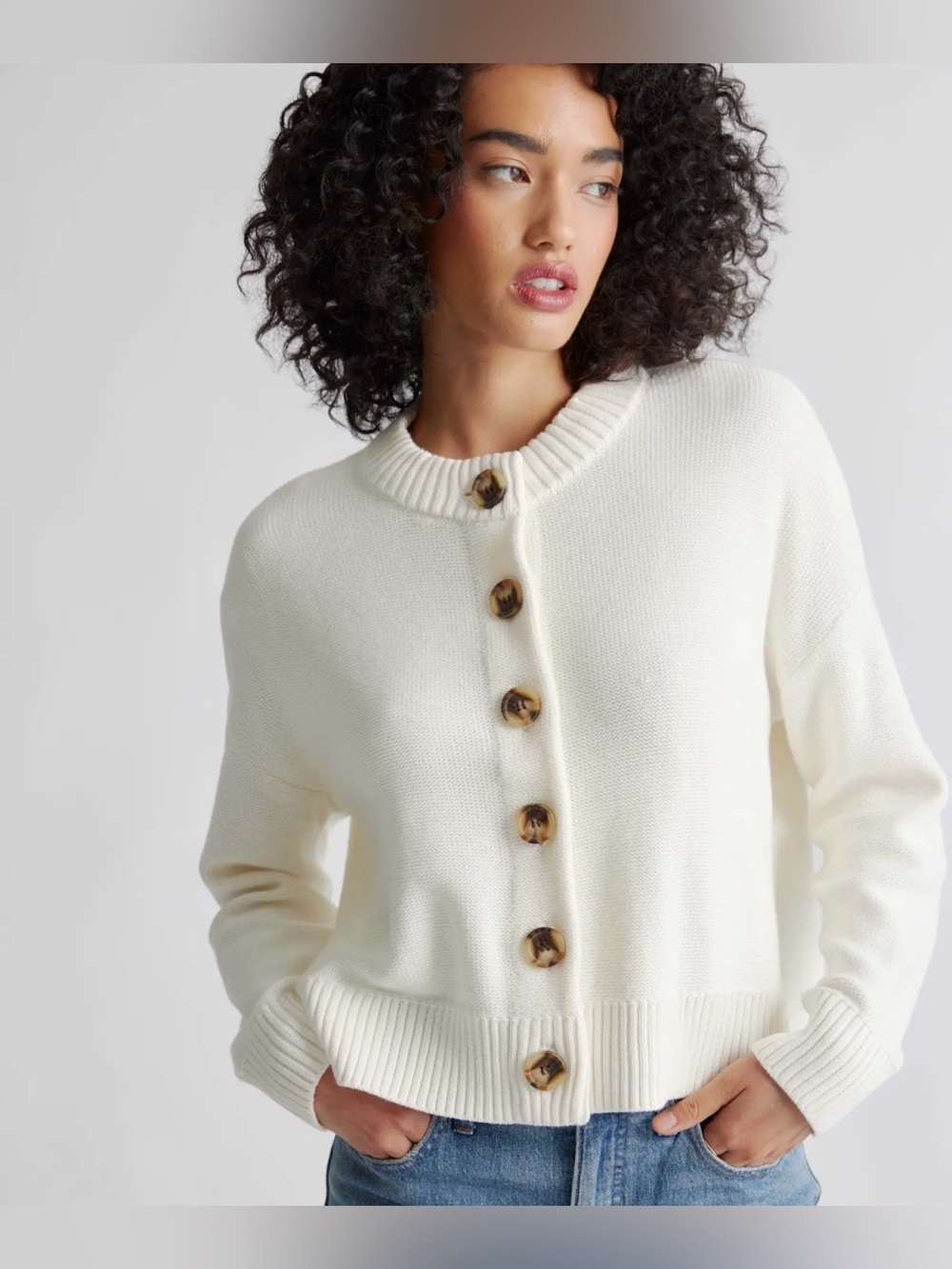 Quince 100% Organic Cotton Cropped Cardigan Ivory Size M